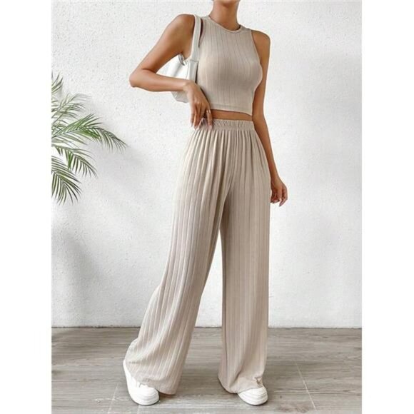 Solid Crop Tank Top & Wide Leg Pants - Picture 1 of 7